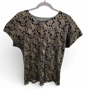 Trimmings Vtg Gold Metallic Paisley Plissé Dolman Blouse Black Gold Old Money L